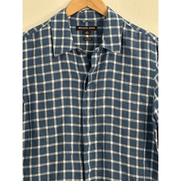 Michael Kors Men's Classic Fit Linen Shirt Blue Check Long Sleeve Button Up - Picture 5 of 16
